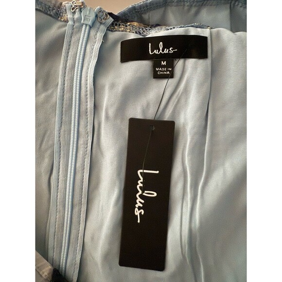 Lulu’s Cheerfully Perfect Blue Floral Jacquard Puff Sleeve Mini Dress Size M New - Picture 5 of 15